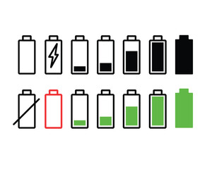 Battery Charging Icon Vector Clipart Set Power bars Outline, Silhouette Color Graphic Illustration