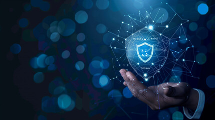  a businessman holding a virtual security shield icon with binary code on a dark blue background, 