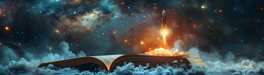 A textbook cover with a rocket launching through a sea of stars, inspiring exploration in science and mathematics