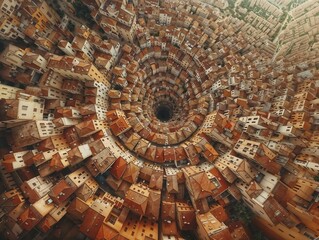 Surreal Aerial View of Urban Landscape Swirling into Vortex