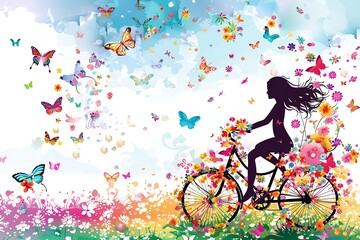 girl riding bicycle of flowers and butterflies, dream floral style, concept of summer vibes, world bicycle day wallpaper