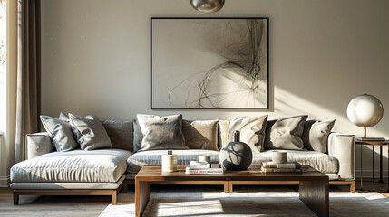 Enter a stylish living room where sophistication meets comfort A large mock-up poster serves as a focal point, while a wooden coffee table features a fashionable ball lamp, adding a touch of elegance 