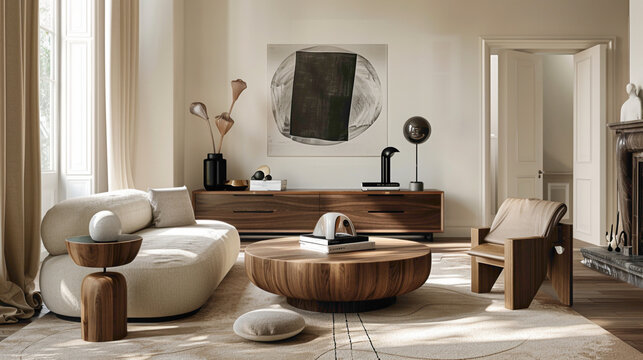 Enter a chic living room exuding modern flr A large mock-up poster graces one wall, while a wooden coffee table stands elegantly, featuring a fashionable ball lamp that casts a soft, inviting glow
