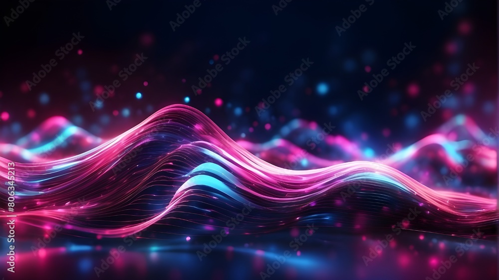 Poster abstract futuristic background with bokeh lights and pink-blue luminous neon wave lines moving at a 