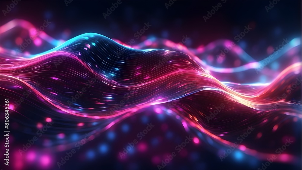 Poster abstract futuristic background with bokeh lights and pink-blue luminous neon wave lines moving at a 