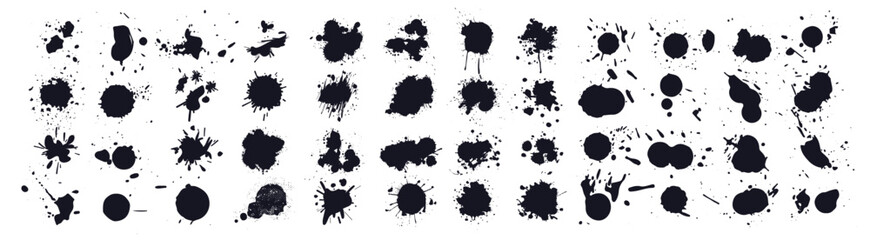Black ink blots with drops. Drops blots isolated vector set. Black ink blow explosion