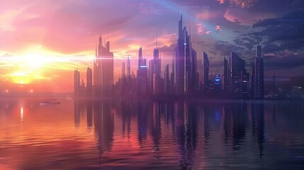 Futuristic city skyline cityscape buildings sunset wallpaper background