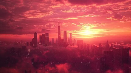 Fototapeta premium Futuristic city skyline cityscape buildings sunset wallpaper background