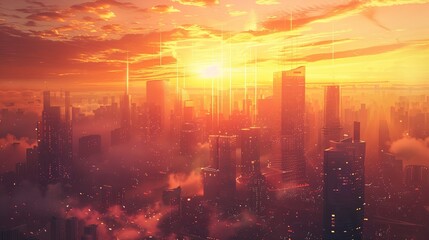 Futuristic city skyline cityscape buildings sunset wallpaper background