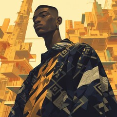 A black man depicted in the style of bold graphic illustrations, city portraits, inspired designs, mixed-media art, Afrofuturism-inspired illustrations