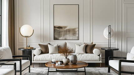 Experience the elegance of a chic living room designed for comfort A large mock-up poster hangs above a cozy seating area, while a wooden coffee table boasts a fashionable ball lamp, creating a 