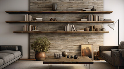 Experience the harmony of textures and materials in a contemporary living room, where a wood floating shelf serves as a focal point for organizing and showcasing decor pieces