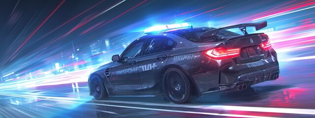 A black police car with flashing lights driving on the road, with a motion blur background