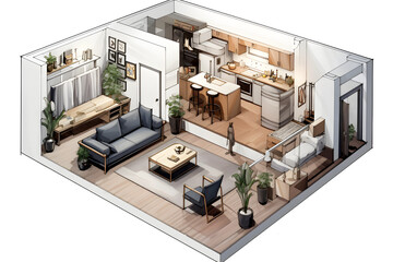 interor design from an architect illustration, 3d interior illustration of a penthouse, interior design plan, interior design concept plan