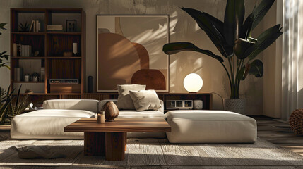 Immerse yourself in the ambiance of a sophisticated living room A large mock-up poster commands attention, complemented by a wooden coffee table adorned with a stylish ball lamp, creating a cozy 