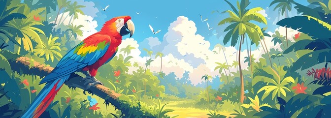 A cartoon vector illustration of the Amazon rainforest with parrots and trees, colorful in the style of a children's book