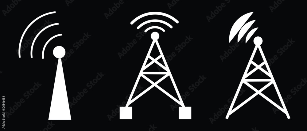 Poster radio tower / mast with radio waves for broadcast transmission line art vector icon for apps and web