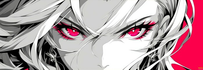 A close up of an anime character with red eyes, flat design style, bold lines, strong use of color and contrast, black, white and grey colors