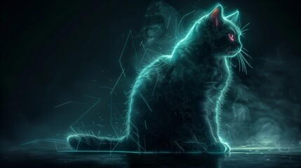 Gray cat sitting on the floor with neon bright cyberpunk light. Neon grey cat sitting on black background in full growth.