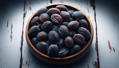 Bowl of Fresh Prunes with Water Droplets on Smooth Skin