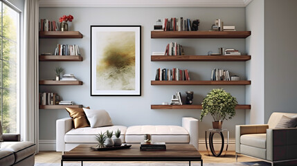 Immerse yourself in the inviting atmosphere of a contemporary living room, where a wood floating shelf serves as a focal point for displaying cherished mementos and treasures