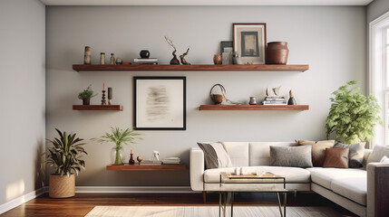Immerse yourself in the inviting atmosphere of a contemporary living room, where a wood floating shelf serves as a focal point for displaying cherished mementos and treasures