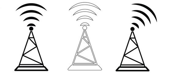 Radio towers, masts thin line icons set isolated on white. Satellite antenna, dish outline pictograms collection. Telecommunications, broadcasting structures vector elements for infographic, eps10.