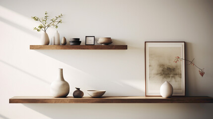 Revel in the understated luxury of a contemporary living space, featuring a wood floating shelf adorned with carefully curated objects that reflect personal style and taste