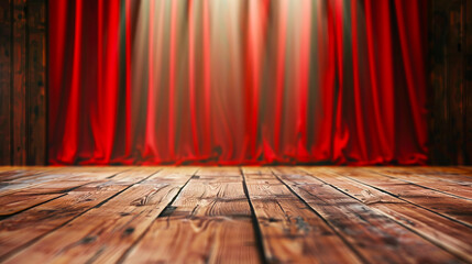 A red curtain and wooden floor in an empty stage.