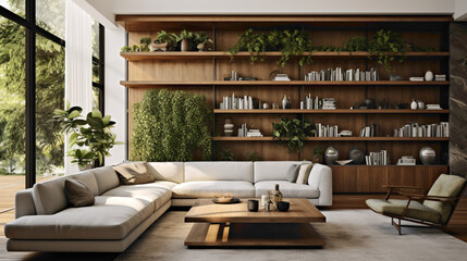 Step inside a modern sanctuary of comfort and sophistication, accentuated by a wood floating shelf adorned with tastefully curated decor pieces and lush greenery