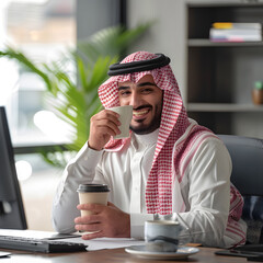 happy Saudi arabian man drinking coffee grey