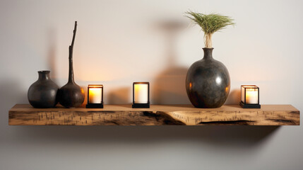 Step into a chic living space with a wood floating shelf as the centerpiece, exuding sophistication with its carefully curated display and soft ambient lighting