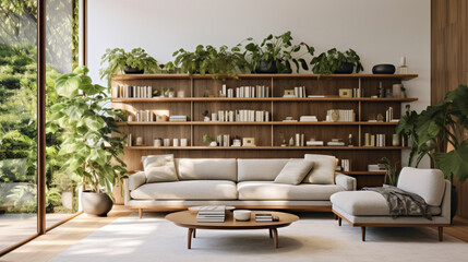Step inside a modern sanctuary of comfort and sophistication, accentuated by a wood floating shelf adorned with tastefully curated decor pieces and lush greenery