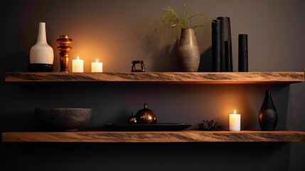Step into a chic living space with a wood floating shelf as the centerpiece, exuding sophistication with its carefully curated display and soft ambient lighting