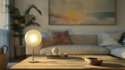 Step into a modern living room adorned with tasteful decor A large mock-up poster graces one wall, while a wooden coffee table features a stylish ball lamp, casting a warm glow and adding 