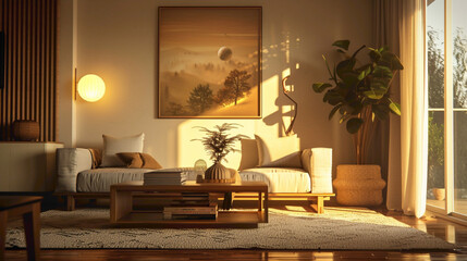 Step into a modern living room adorned with tasteful decor A large mock-up poster graces one wall, while a wooden coffee table features a stylish ball lamp, casting a warm glow and adding 