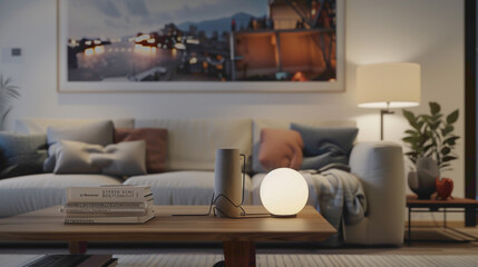 Step into a modern living room adorned with tasteful decor A large mock-up poster graces one wall, while a wooden coffee table features a stylish ball lamp, casting a warm glow and adding 