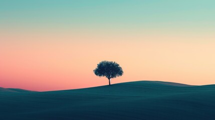 A minimalistic nature landscape with tree surrounded with desert at sunset with pink and blue background. A fantasy tree with magical view surrounded with grass area. Neutral image concept. AIG42. - Powered by Adobe