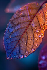Closeup of a leaf showing intricate veins in a dance of chromatic lights, with water droplets magnifying the vibrant details