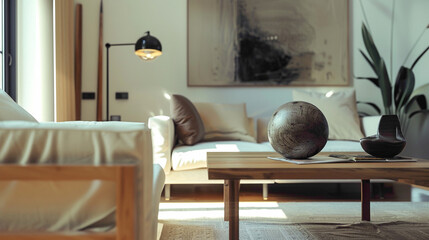 Step into a tastefully decorated living room boasting contemporary charm A large mock-up poster adds visual interest, while a wooden coffee table with a fashionable ball lamp lends 