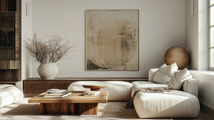 Step into a tastefully decorated living room boasting contemporary charm A large mock-up poster adds visual interest, while a wooden coffee table with a fashionable ball lamp lends
