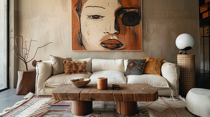 Step into a tastefully decorated living room boasting contemporary charm A large mock-up poster adds visual interest, while a wooden coffee table with a fashionable ball lamp lends 