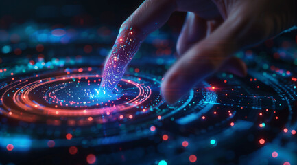 Hand touching glowing digital vortex on dark background with colorful lights and copy space for...
