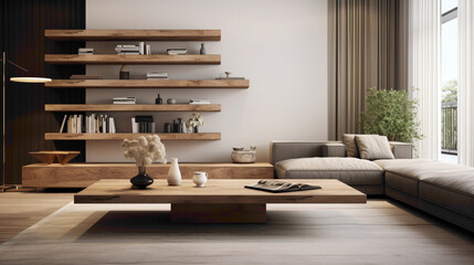 Step into a world of contemporary sophistication, where a wood floating shelf seamlessly integrates into the design of a chic living room, elevating the ambiance with its refined presence