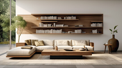 The inviting ambiance of a contemporary living space, highlighted by a wood floating shelf showcasing curated items agnst a backdrop of neutral tones