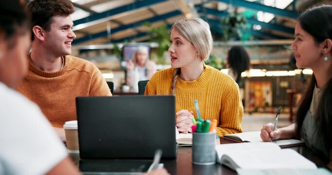 University, students and group studying together for learning, education or knowledge on laptop. Teamwork, college and happy friends at campus in discussion on test, exam or creative research project