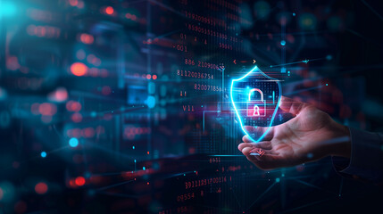
Futuristic digital visualization of a businessman holding a virtual shield with a padlock icon and binary code on a dark blue background