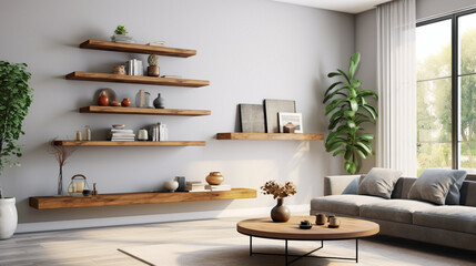 Transport yourself to a realm of modern elegance, where a wood floating shelf serves as a stylish yet functional centerpiece in a meticulously designed living room