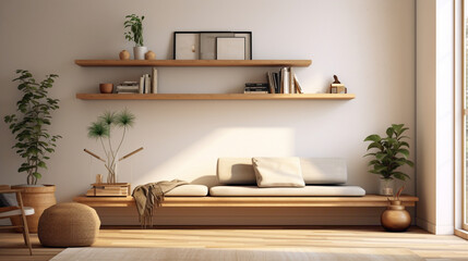The inviting ambiance of a contemporary living space, highlighted by a wood floating shelf showcasing curated items agnst a backdrop of neutral tones