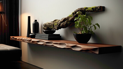Transport yourself to a realm of modern elegance, where a wood floating shelf serves as a stylish yet functional centerpiece in a meticulously designed living room
